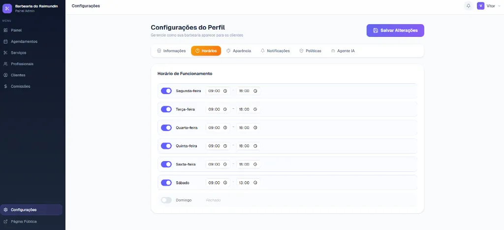 Configurações de Horários